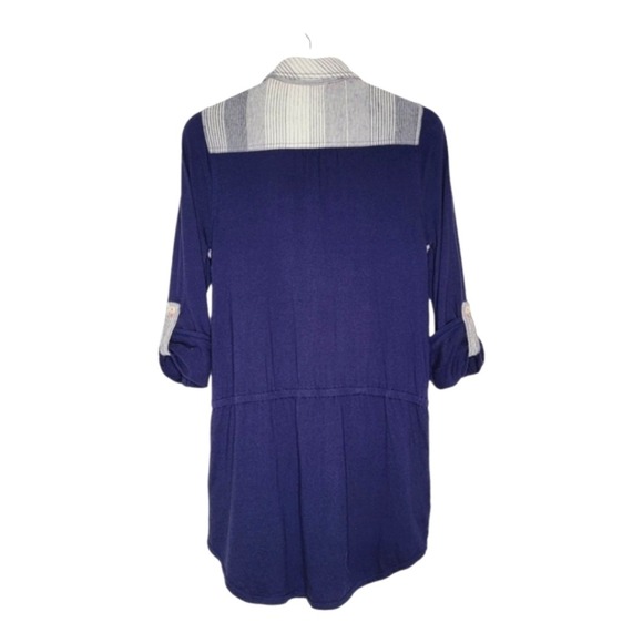 9-H15 STCL Anthro Linen Stripe Tunic Top Navy Blue Women's Sz Medium Boho Casual - Picture 8 of 15